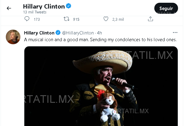 Hillary Clinton envía condolencias por el fallecimiento de Vicente Fernández