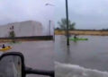Jóvenes practican canotaje en calles inundadas tras tormenta en Nuevo Laredo