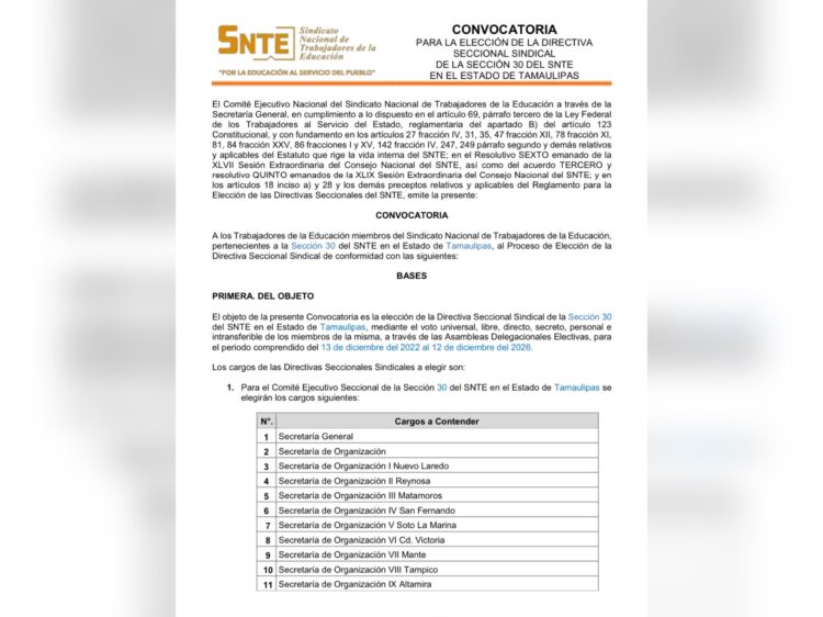 Emite SNTE convocatoria para renovar dirigencia de la Sección 30